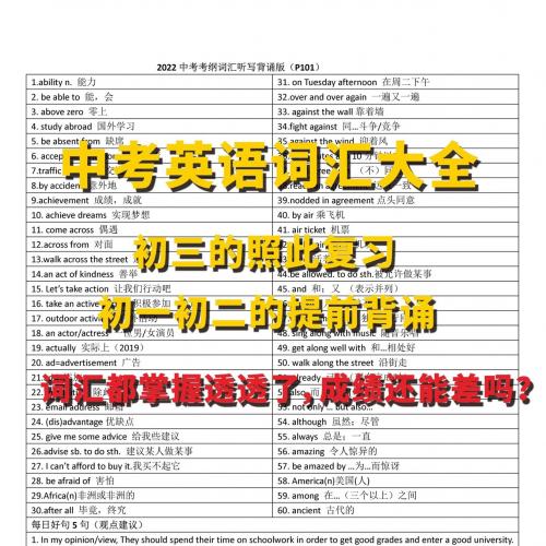 初中中考英语词汇资料亮点：第一页背诵版本，第二页针对第一页的默写版